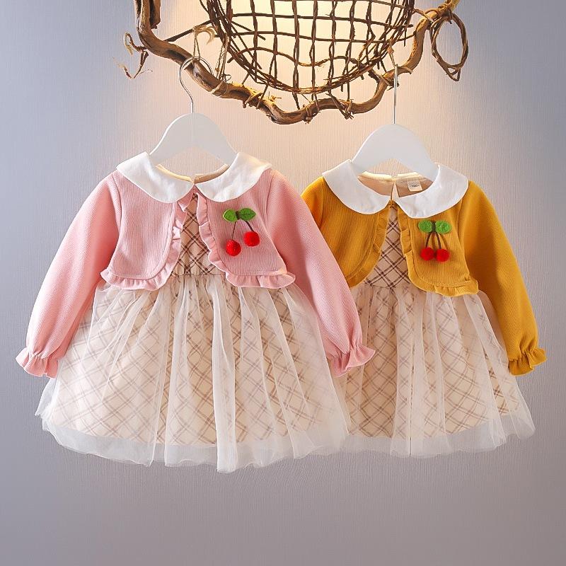 

Girl's Dresses Toddler Baby Girl Fake Two Pieces Dress Cute Mesh Princess Skirt Born Long-Sleeved Children Casual Outfit Clothing