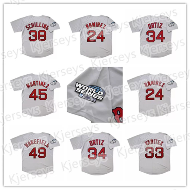 

Vintage 24 Manny Ramirez 2004 Boston Road World Series Baseball Jersey 45 Pedro Martinez 15 Kevin Millar 34 David Ortiz 38 Curt Schilling 49 Tim Wakefield Varitek, As