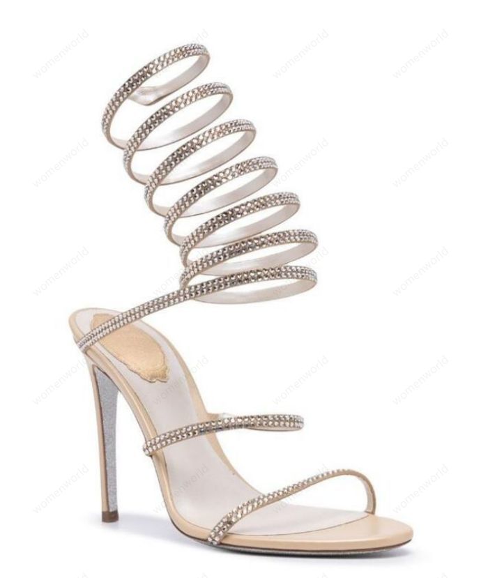

RENE CAOVILLA Cleo open toe sandals crystal embellished spiral wrap around sandals twining rhinestone sandal women Top quality champagne stiletto heels shoes, Only a boxes