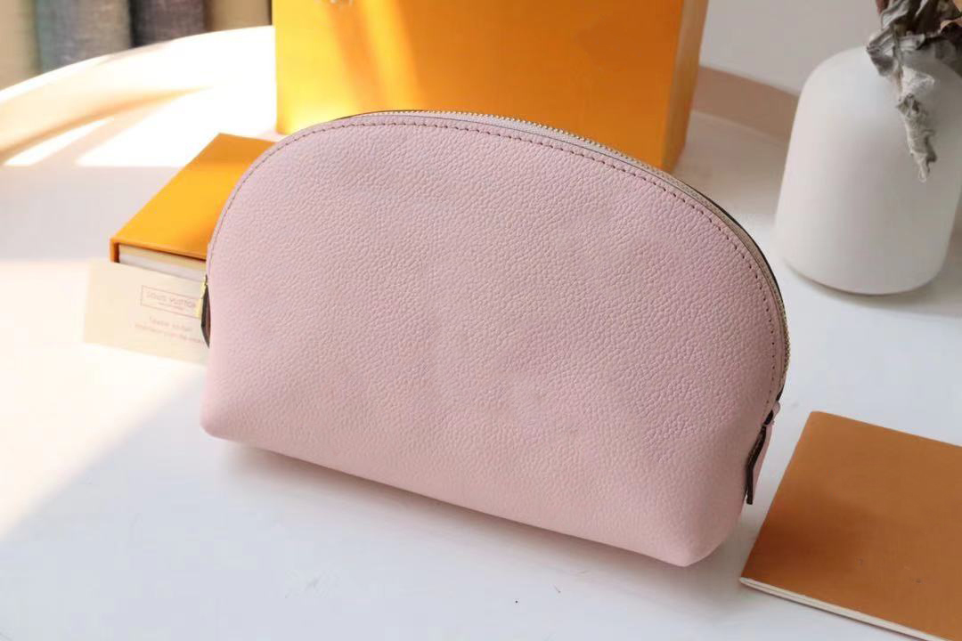 

Designer M80502 pink makeup bag COSMETIC POUCH ladies pattern leather Pochette Cosmetique purses organizador toiletry bags famous women travel totes