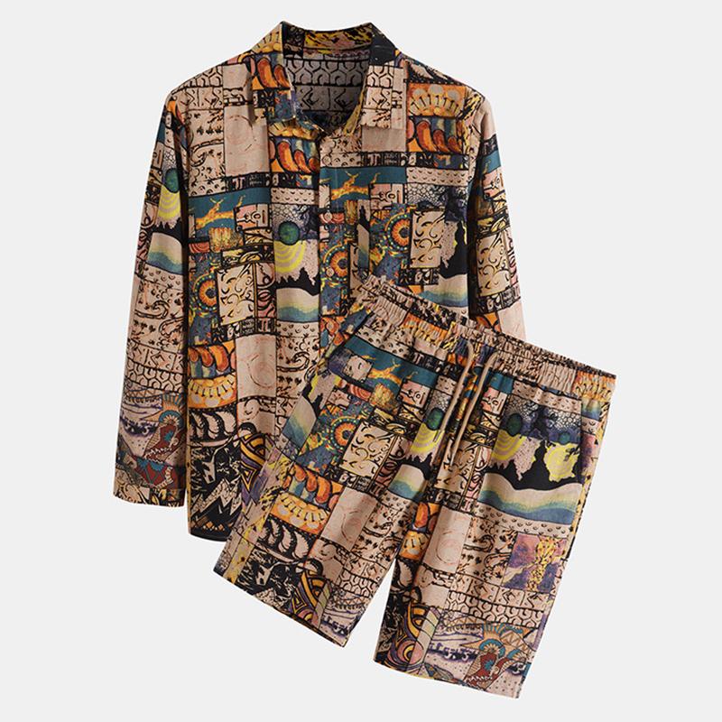 

Men' Tracksuits Sets Lapel Long Sleeves Printed Shirt Spring And Summer Beach Street Sleeve Shorts Two-Piece Suit, Brown