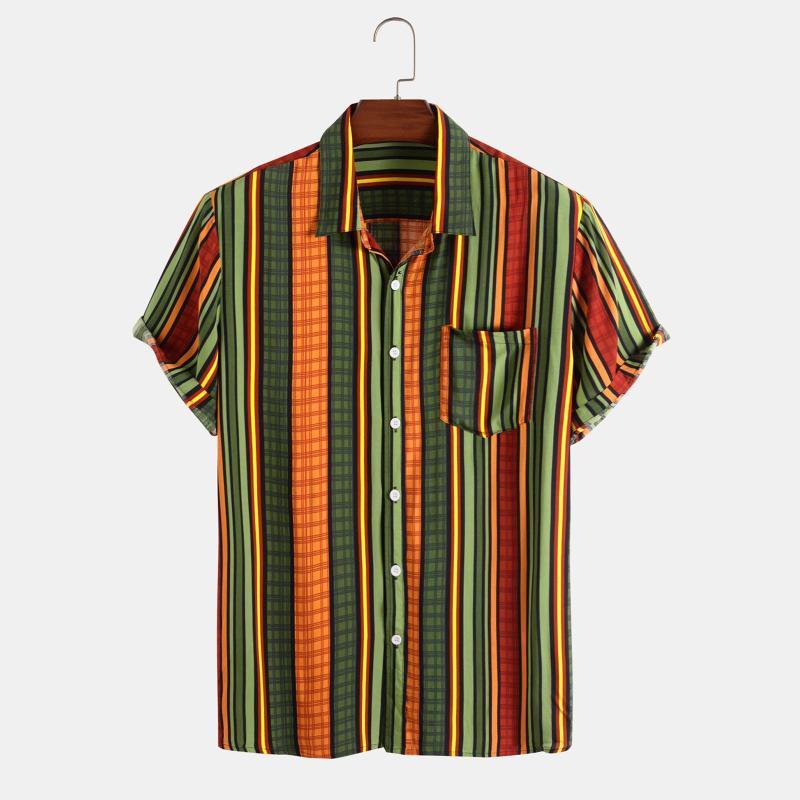 

Men' Casual Shirts Blouse Men Camisas Short Sleeve Multi Color Stripe Cotton Linen Mens Baggy Formal Tops Summer Chemise Homme, As pic