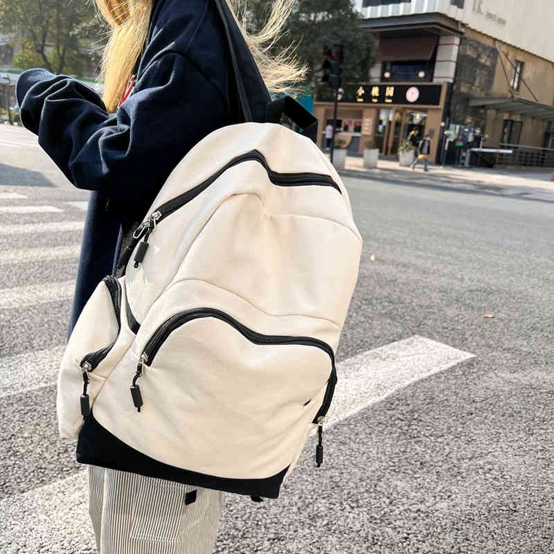 

Vintage casual backpack female travel bag 2022 fashion high capacity solid color student zipper school, White