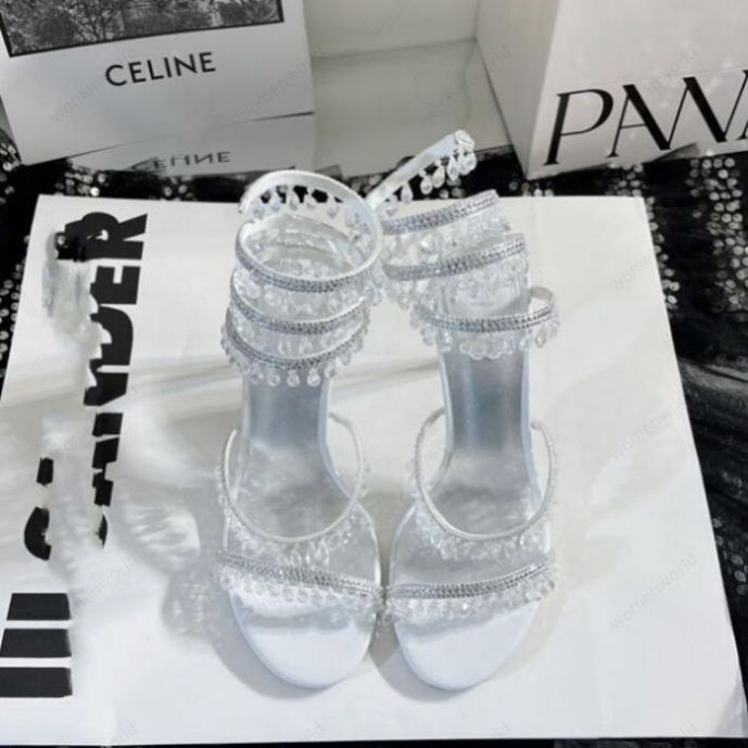 

RENE CAOVILLA 10cm stiletto High heel Sandals CRYSTAL Karung open toe Snakelike twining rhinestone sandals women Top quality Grey Cleo embellished satin sandal, Only a boxes