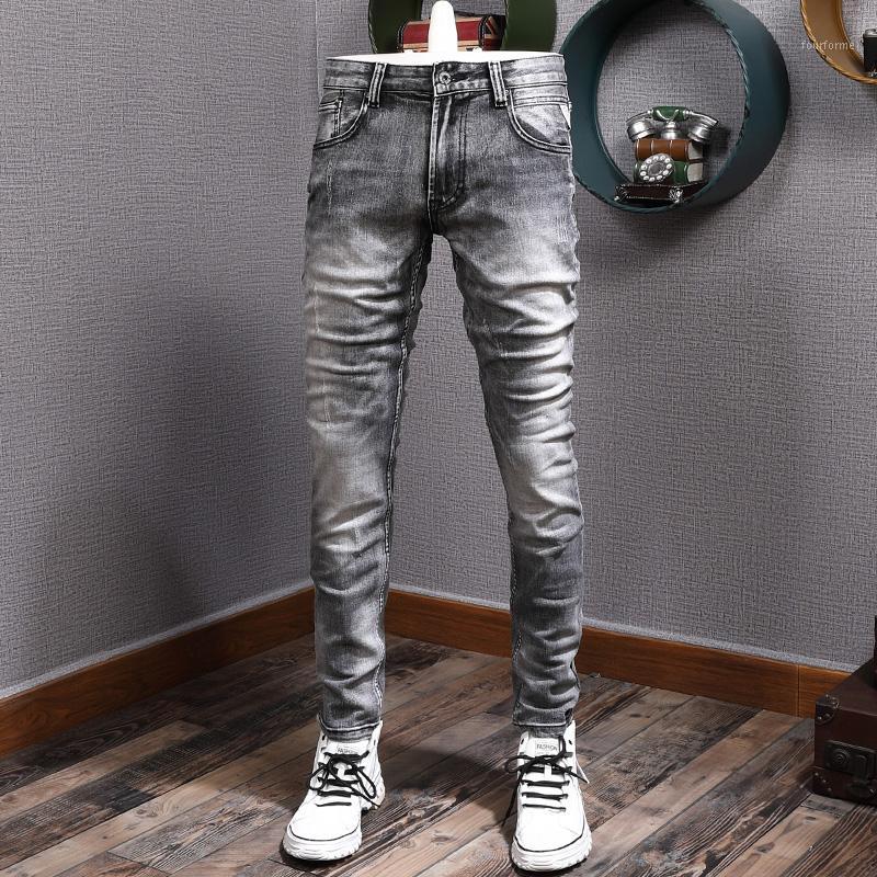 

Men's Jeans European Vintage Fashion Men High Quality Retro Dark Gray Elastic Slim Fit Ripped Designer Casual Denim Pants