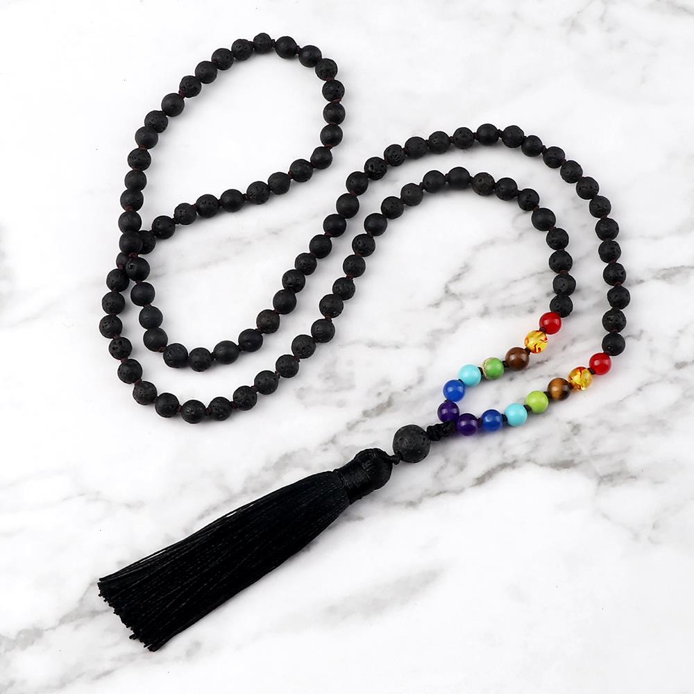 

108 Mala 7 Chakra Beads Necklace Reiki 6mm Natural Stone Onyx Agates Knotted Tassel Necklaces Yoga Blessing Meditation Jewelry