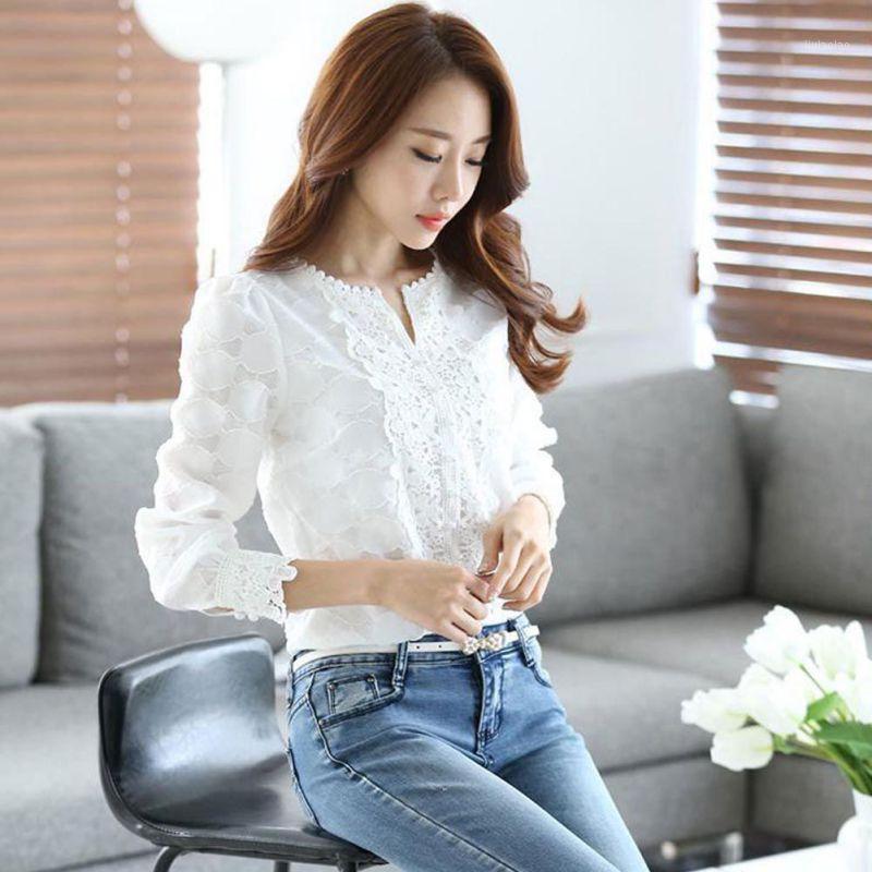 

White Long Sleeve Embroidery Shirt Casual Basic Women Lace Chiffon Solid Tops Autumn Spring Women' Blouses & Shirts, As pic