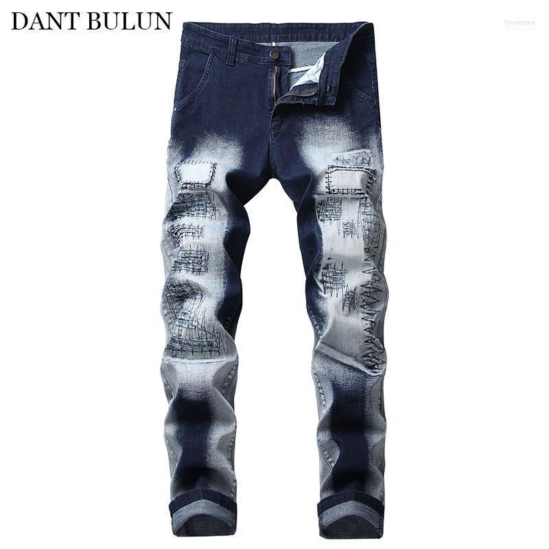 Men&#039;s Jeans Stretchy Jean Embroidery Patch Hombre Slim Skinny Fit Straight Denim Pants Patchwork Desinger For Men Blue Jean1-image-788324745