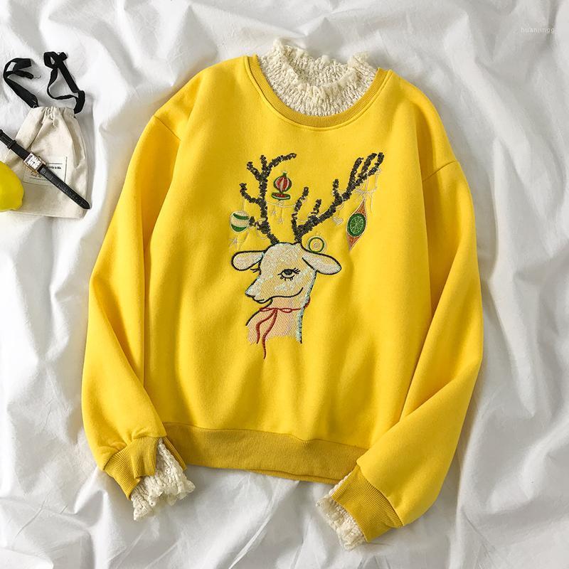 

Arrival Lace Patchwork Thick Women Hoodies Korean Kawaii Cartoon Embroidery Female Sweatshirts Autumn Winter Hoodie Women's &, Green