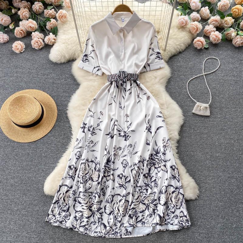 

Casual Dresses Korean Retro Floral Ink Painting A-line Shirt Dress Women Fashion Summer Elegant Slim Clothes Vestidos De Mujer G884Casual, White