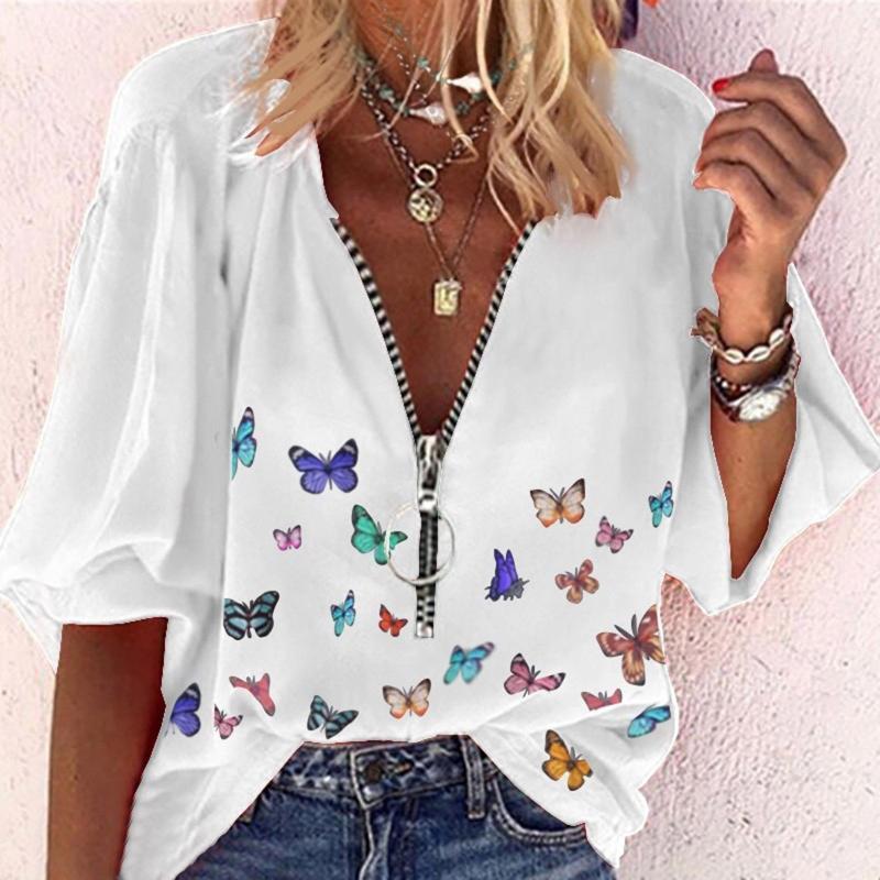 

Women' Blouses & Shirts Harajuku Butterfly Printed Womens Tops And V Neck Zipper Loose Pullover Tunic Shirt Blouse Femme Blusas Y Camisas, As pic