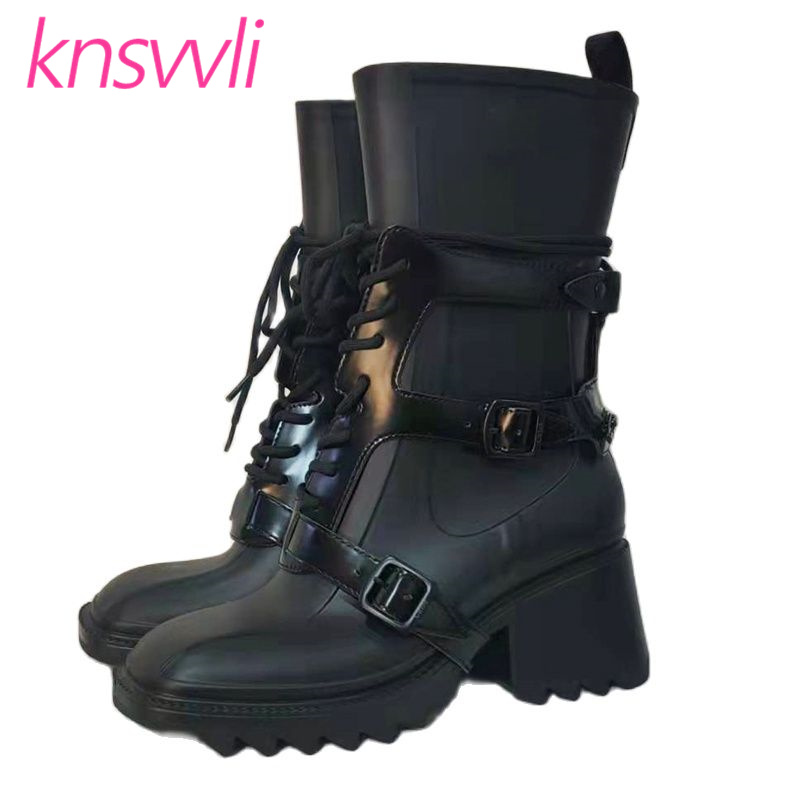 

Runway High Heels Rain Shoes Women Rubber Waterproof Rain Boots Woman Square Heels Ankle Boots For Women Designer Shoes, Beige grey