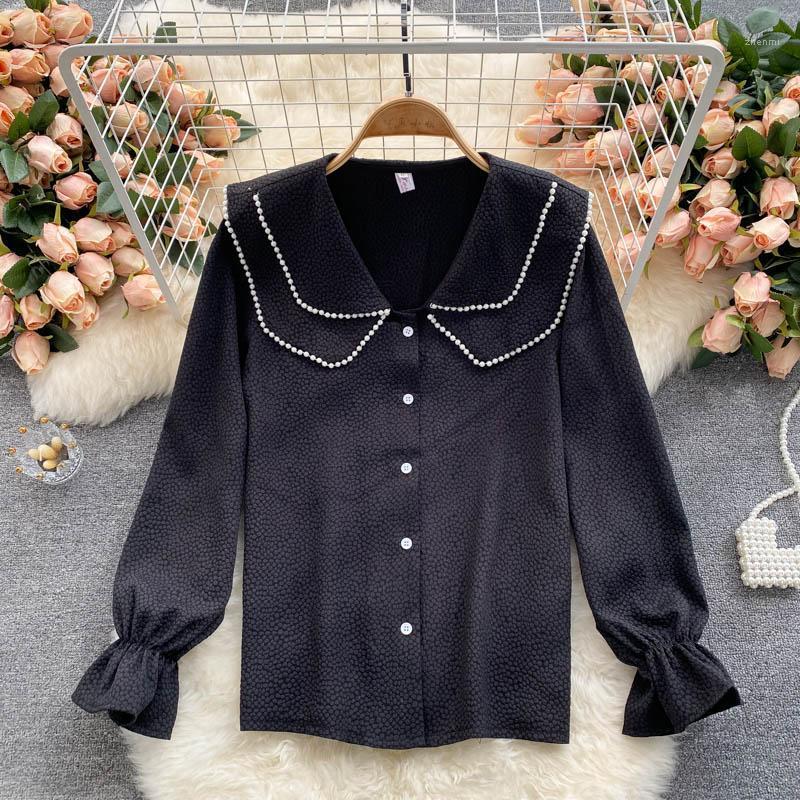 

Women' Blouses & Shirts 2022 Autumn Temperament Blouse Female Lapel Double Beaded Blusa Slim Shirt Top DF119, Black