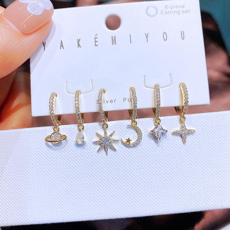 

Dangle & Chandelier 6pcs Micro Paved Cubic Zircon Star Moon Earrings Set Gold Color Women CZ Stone JewelryDangle