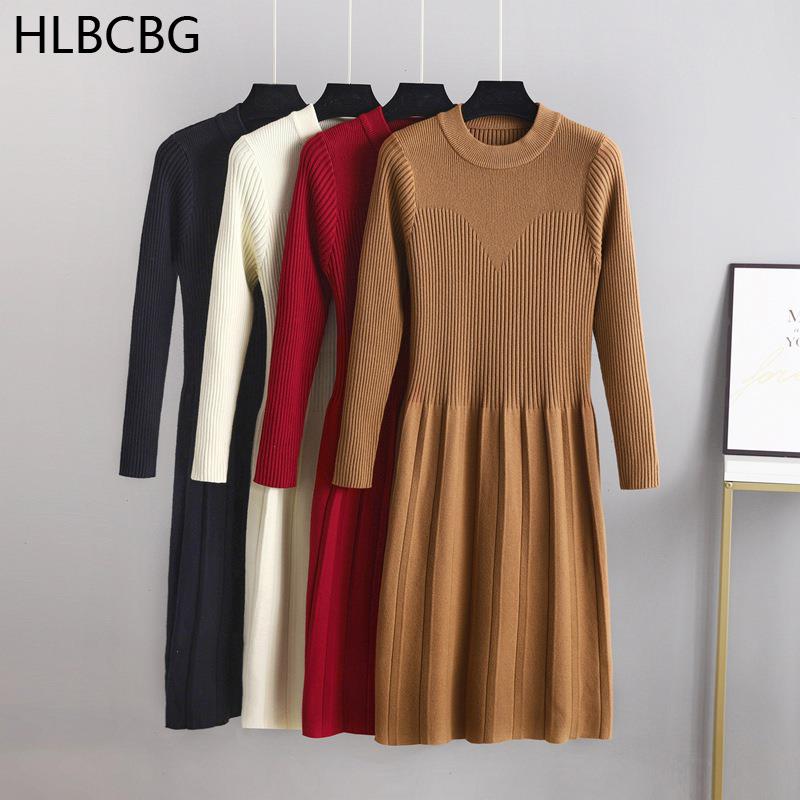

Pure Autumn Winter O-neck Basic Slim A-line Thick Long Dress Womens Female Maix Robe Elegant, Red