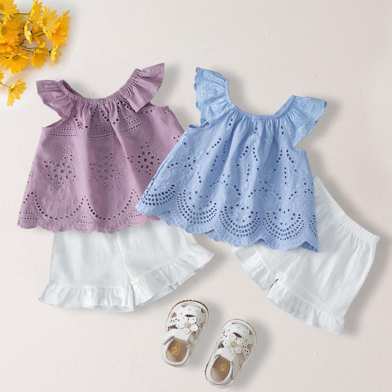 

Clothing Sets Small Fresh Summer Girls Clothes Set Toddler Kids Flying Sleeves Solid Tops Shorts 2Pcs Casual Outfits 2022, Purple