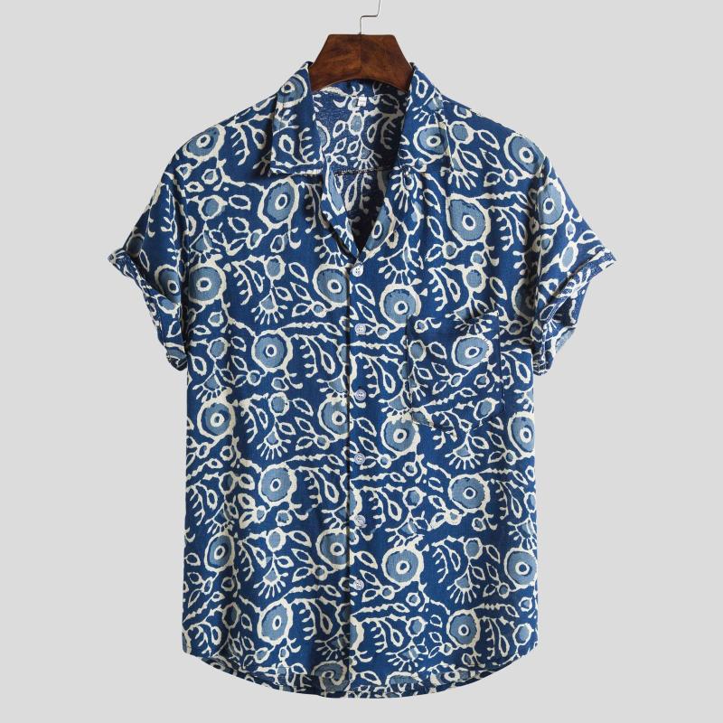 

Men's Casual Shirts Vintage Printing Shirt Mens Fashion Short Sleeve Hawaiian Cotton-linen Blouse Turn Down Collar Camisas Masculinas, Blue