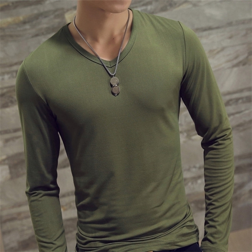 Elastic Mens TShirt VNeck Long Sleeve Men T Shirt For Male Lycra And Cotton TShirts Man Clothing TShirt Brand Tees 220813