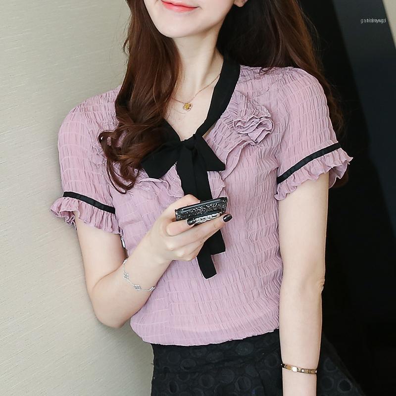 

Free 2022 Summer Pleated Chiffon Women Blouse Short Sleeve Fashion Blusa Bow Neck Pink White Floral Tops 825J1