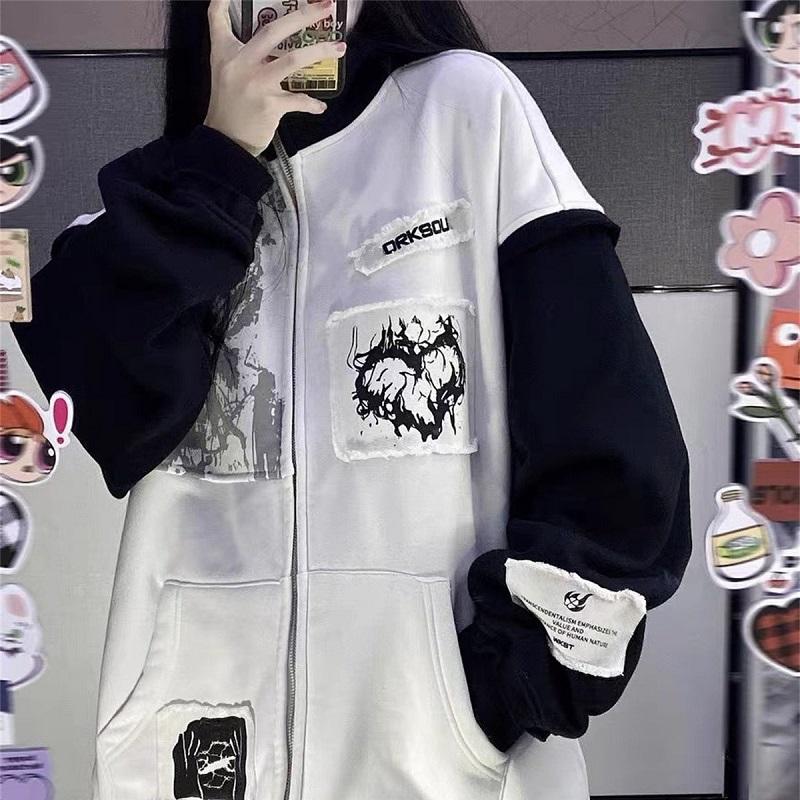 

Women's Jackets 90s Vintage Women's Zip-up Jacket Hip Hop Streetwear Casual Fall Patchwork Sweatshirt Gothic Fairy Grunge Outerwear Y2k, Multi