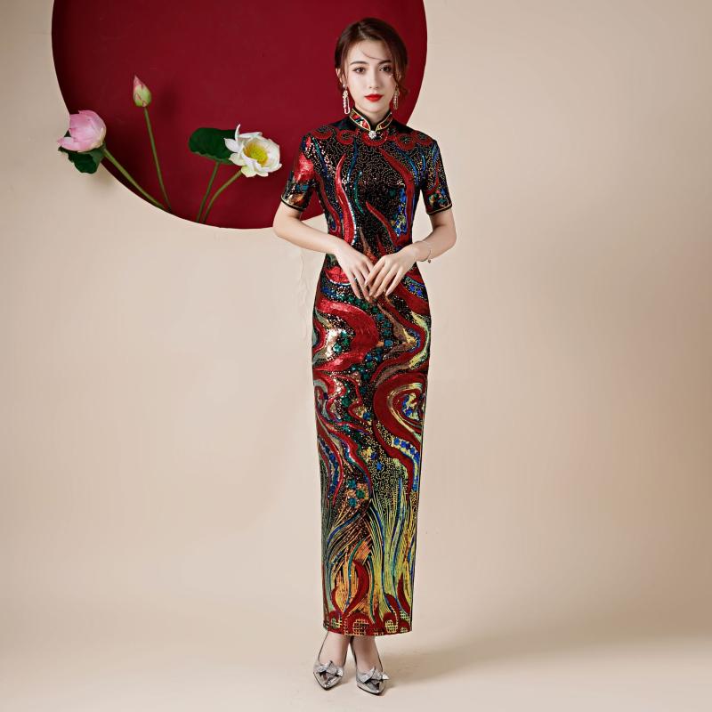 

Ethnic Clothing Novelty Sexy Velvet Beads Sequins Stage Show Cheongsam Dress Retro Chinese Slim Protocol Fashion Year QipaoEthnic