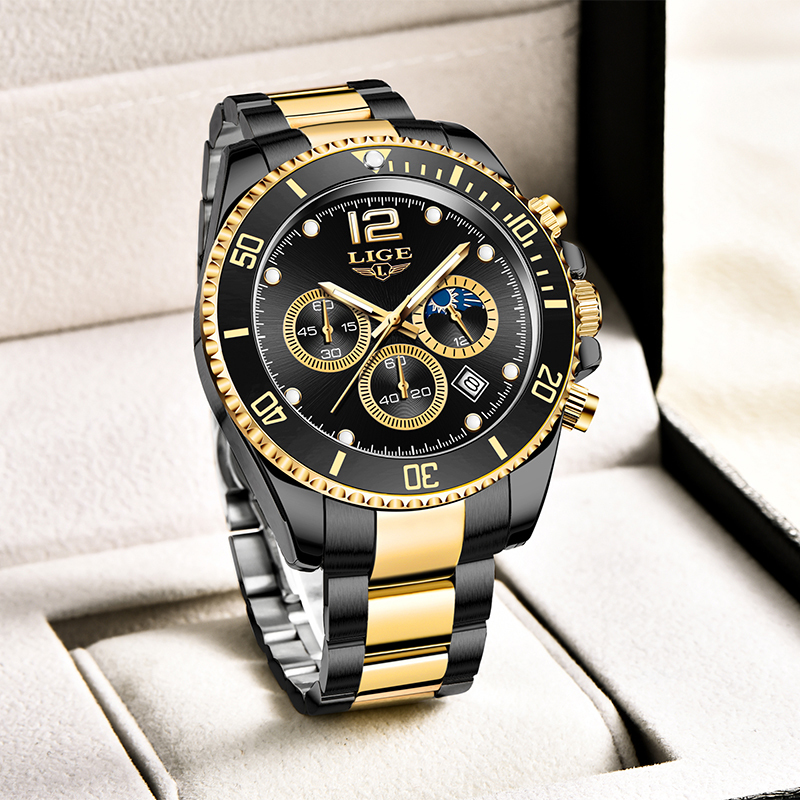 

LIGE Watches Mens Top Luxury Clock Casual Stainless Steel 24Hour Moon Phase Men Watch Sport Waterproof Quartz Chronograph 220531, Gold black
