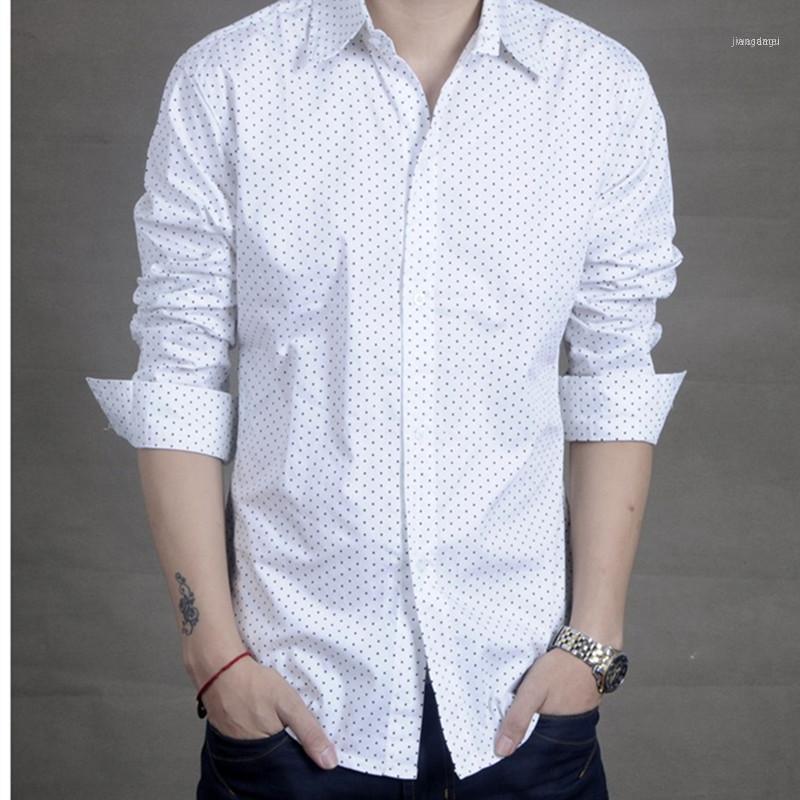 

Wholesale- 2022 Summer Fashion Long Sleeve Black White Points Thin Slim Mens Shirts Casual Turn-down Collar Polka Dot Shirt Men Clothes AM1