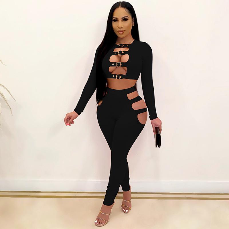 

Women's Two Piece Pants EWSFV 2022 Spring And Summer Sexy Nightclub Solid Color Stitching Hollow Tight Fitting Top+Long Women Set, Rose red