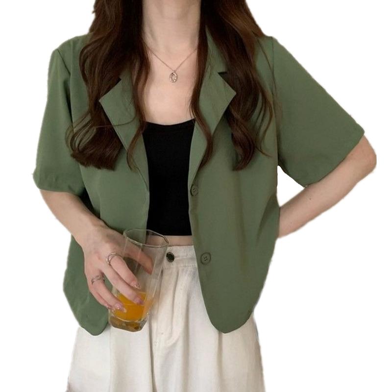 

Women' Blouses & Shirts Summer Women Blouse Elegant Solid Button Up Shirt Turn Down Collar Short Sleeve Formal Blusas Office Lady OL Tops, Khaki