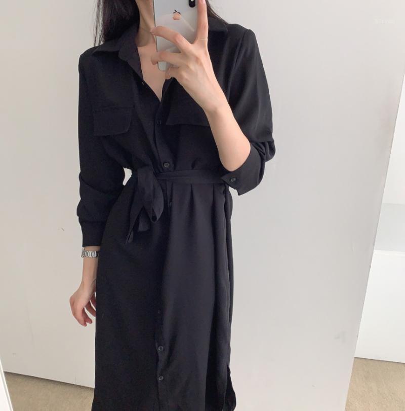 

Casual Dresses Early Spring 2022 Korean Chic Simple Solid Color Collar Single-Breasted Lace Up Tight Waist Double Pocket Shirt Dress, Black