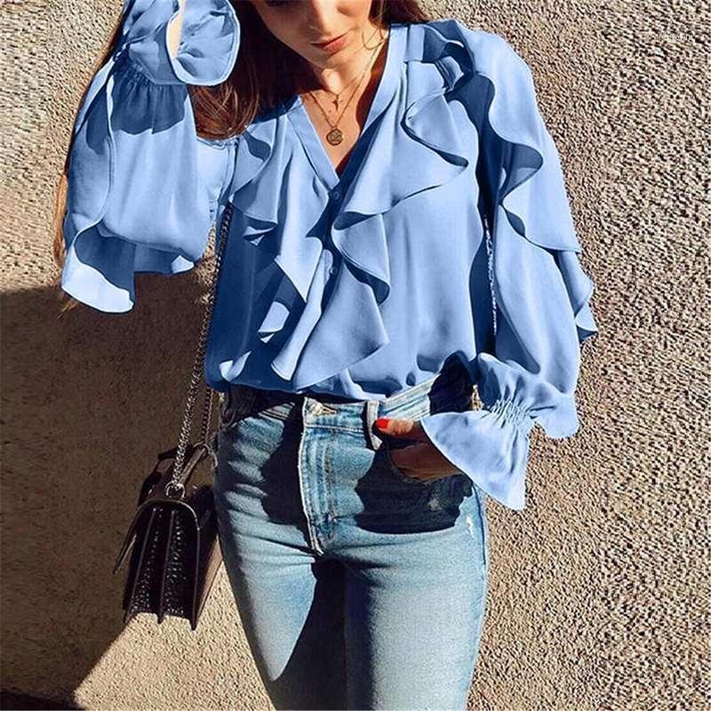 

Women' Blouses & Shirts 2022 Summer Spring Women White Ruffled Fashion Top Plus Size Sexy V Neck Long Sleeve Shirt Female Casual Elegant Bl, Sky blue