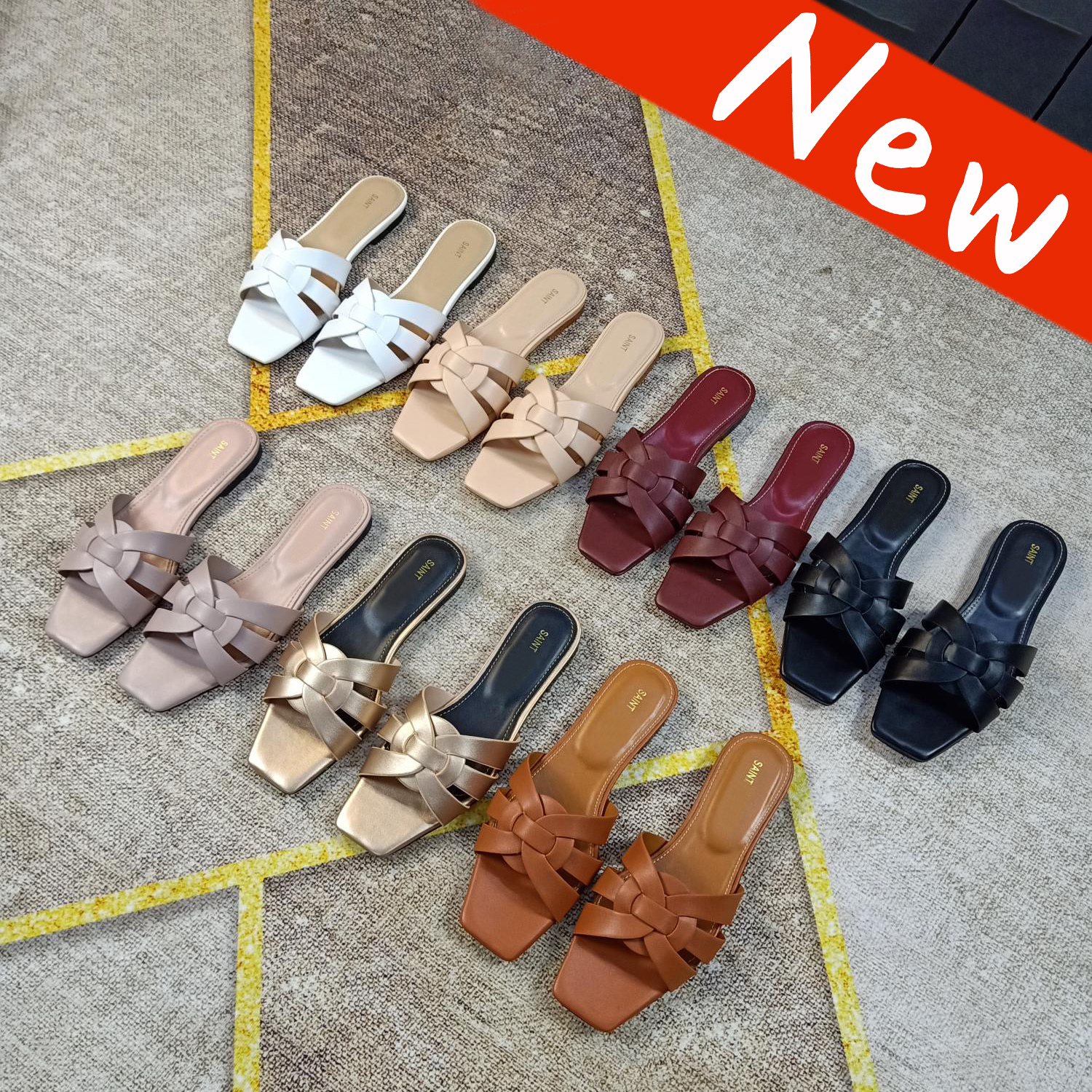 

Luxury slipper YS Tribute Flat Leather interwining straps Slide designer Sandals women shoes Obsidian Croc Embossed white nappa leather Rose Pink Patent slippers, Double box