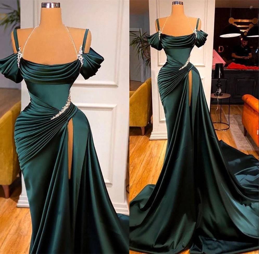 

2022 Sexy Dark Green Satin Mermaid Prom Dresses Spaghetti Straps Pleats Seep Train Formal Evening Occasion Pageant Gowns Robe De Soirée Femme, Pink