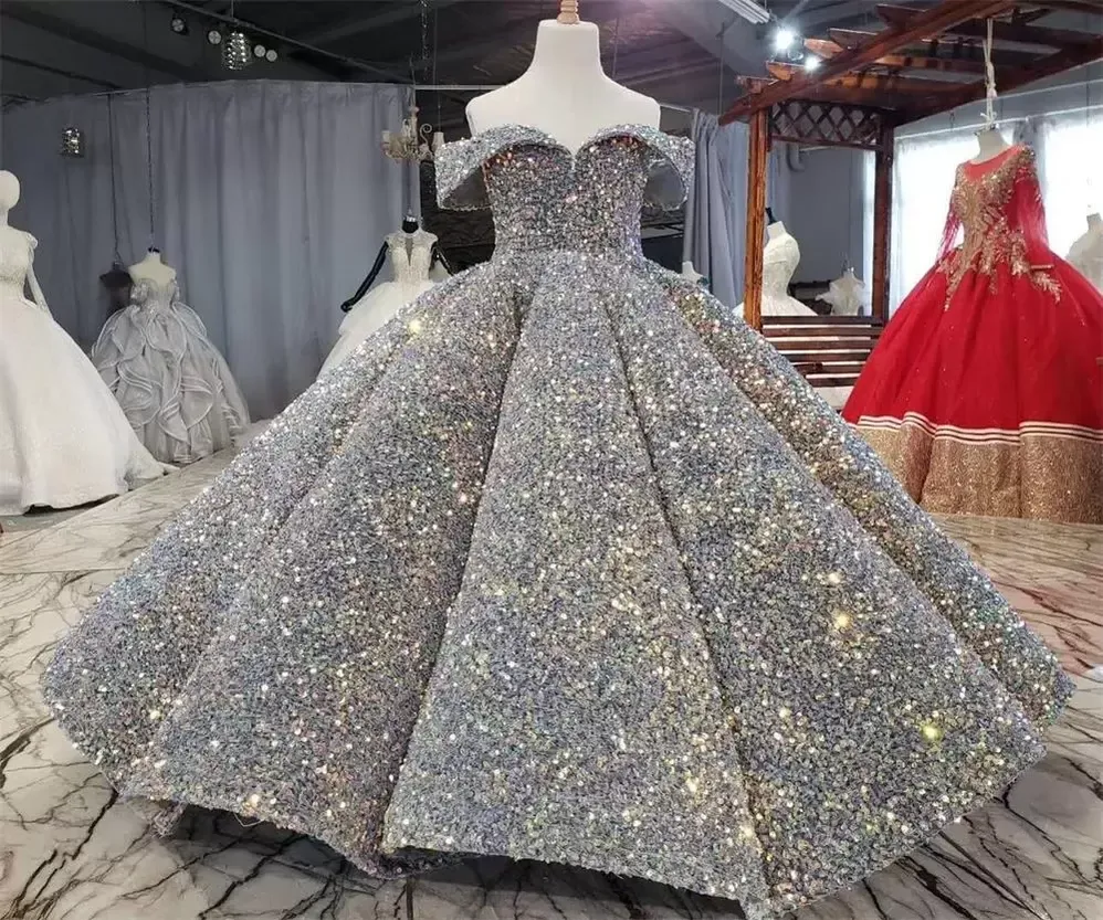 Luxury Silver Bling Sequin Girls Pageant Dresses Fluffy Off the Shoulder Ruched Flower Girl Dresses Ball Gowns Party Dresses for Girls VOG343-image-761065459