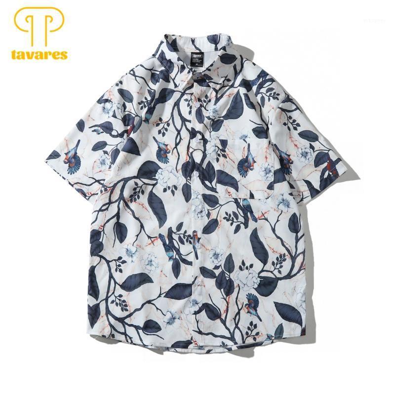 

Men's Casual Shirts TAVARES Men Summer Short Sleeve Shirt Magpie Flower Leaf Oversized Baggy Women Hawaiian Beach Blouses Cardigan, Multi