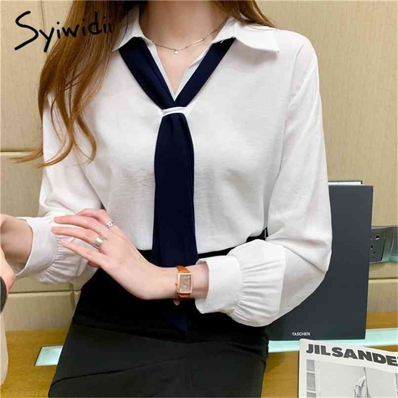 

women blouses V neck tie office lady white long sleeve top korean fashion clothing elegant casual patchwork shirt 210607