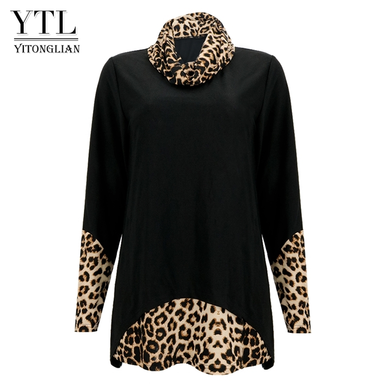 

YTL Women's Spring Winter Trendy High Collar Double Layered Plus Size Leopard Blouse Casual Loose Pullover Tops Tunic H420 220407, Brown