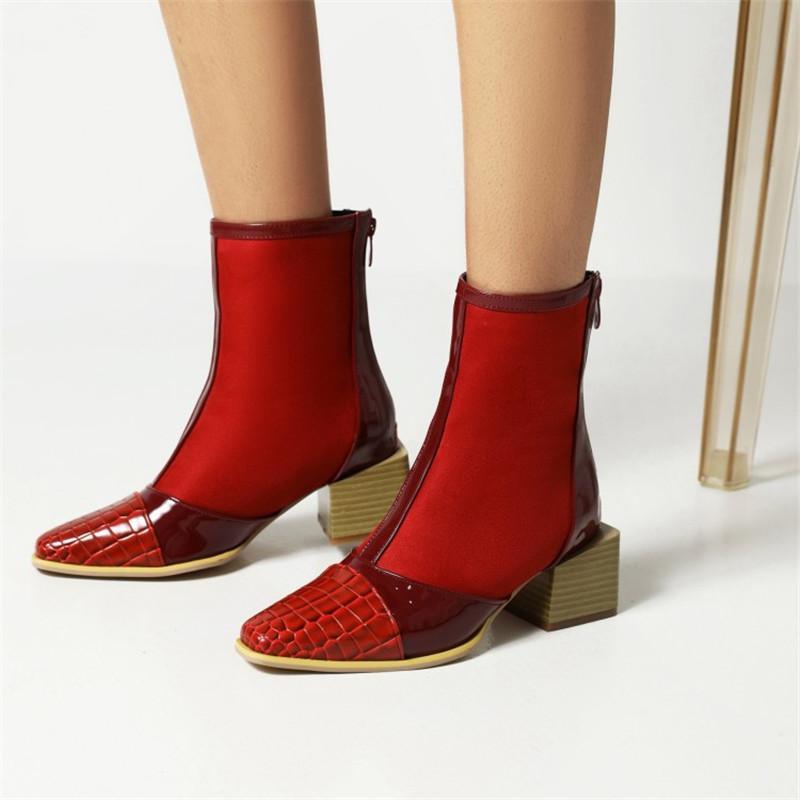 

Fashion-Boots PXELENA Winter Women Denim Ankle Large Size 34-48 Square High Heels Back Zip Fashion Office Lady Shoes Patchwork Date, Red