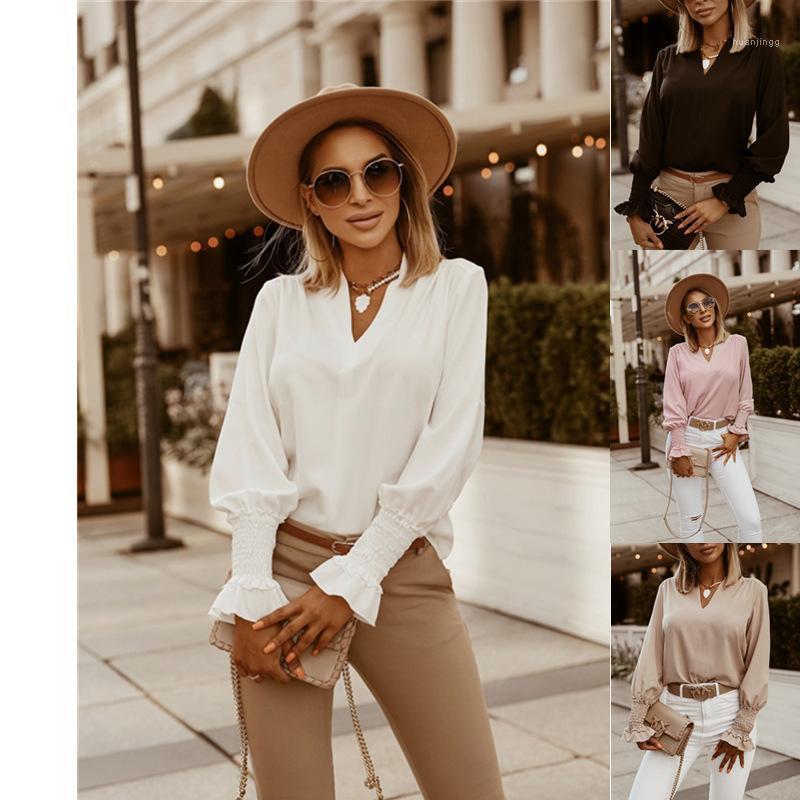 

Women' Blouses & Shirts Lace Long Flare Sleeve Blouse Sexy Backless Deep V-Neck Female Shirt 2022 Summer Patchwork Office Ladies Casual Top, White
