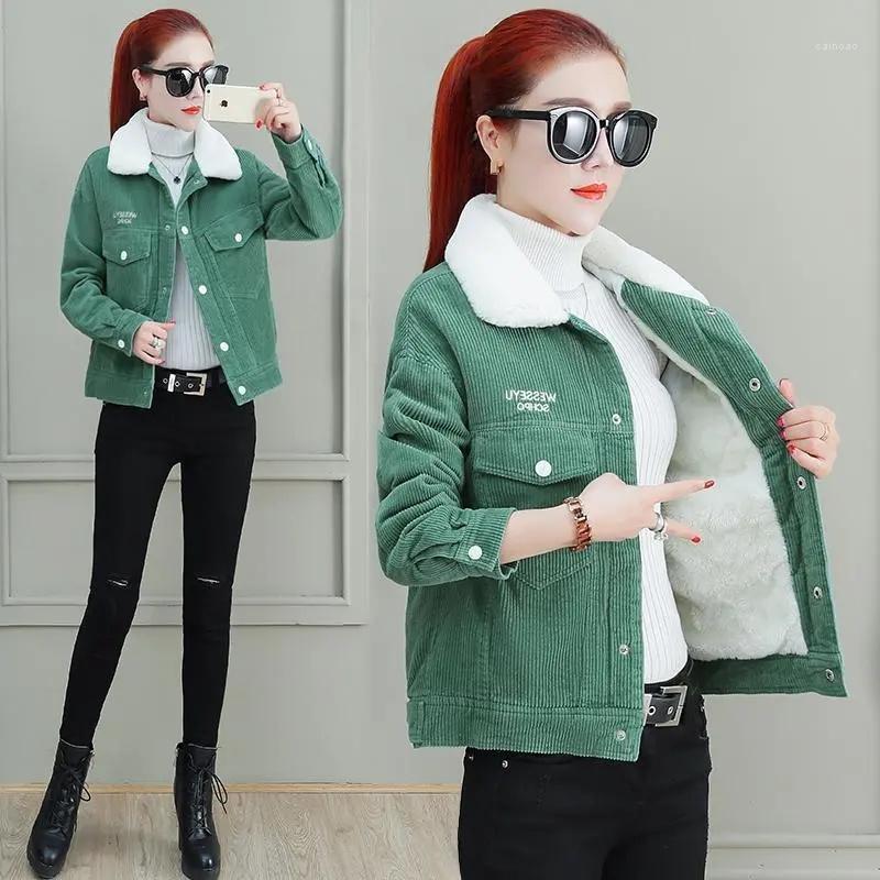 

Women's Jackets Corduroy Jacket Autumn Winter Plus Velvet Lining Coat Female Large Size Loose Women Tops C, Green