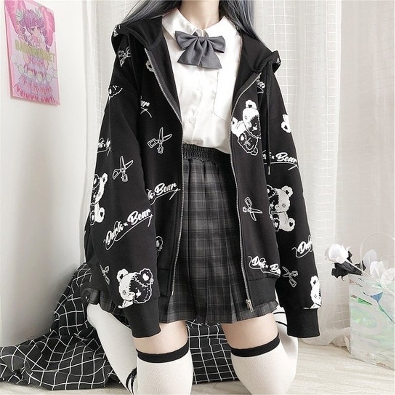 

Gothic Coat Sweatshirt Women Fashion Spring Clothes Ins Preppy Kawaii Hoodies Long Sleeve Zip Up Hoodie Japanese Cute Tops 220406, Black