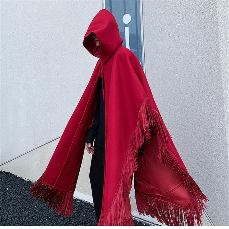 

Men's Trench Coats Goth Punk Tassle Hooded Cloak Men Woolen Vintage Long Coat Personality Street Hip Hop Cape Oversized JacketsMen's Kend22, Black