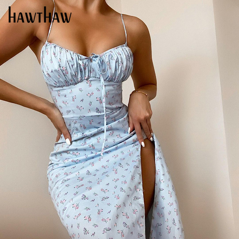 

Hawthaw Women Fashion Summer Sleeveless Bodycon Slim Floral Printed Pencil Split Dress Sundress 2021 Female Clothing Streetwear, Blue