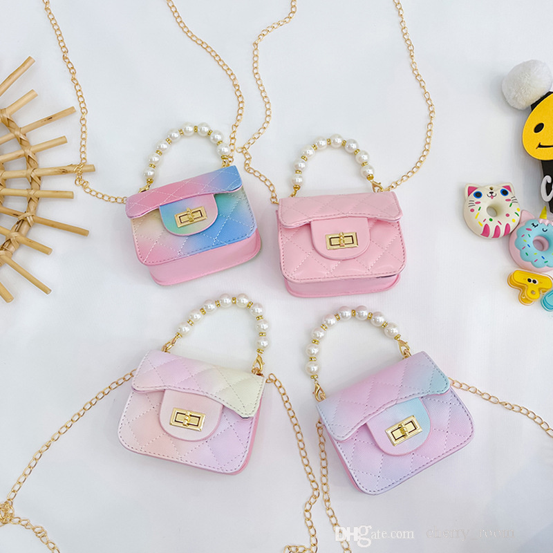 

children pearls handbags sweet baby girls diamond lattice quilted chain cross-body bags kids gradient rainbow one shoulder bag F1328, Mix colors random