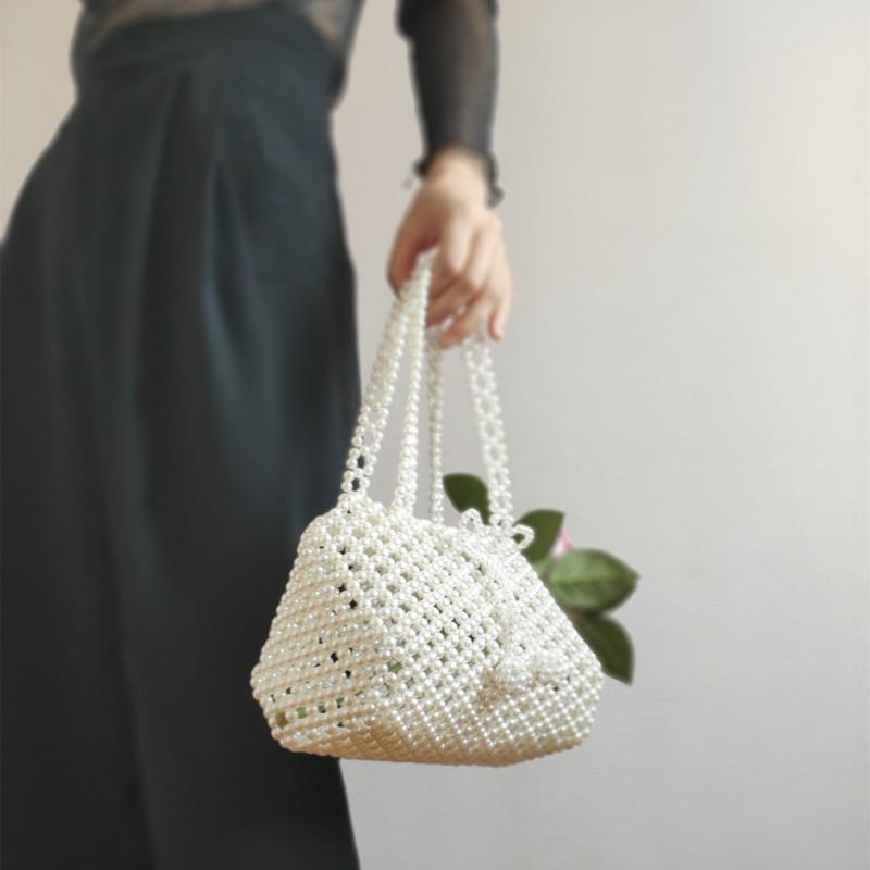 

Evening Bags Designed Custom Fancy Beaded Hand-made Pearl Bucket-type HandbagEvening, White