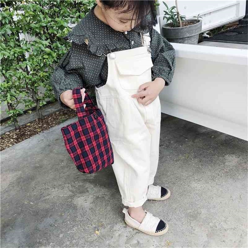 

Spring Autumn pure cotton solid color overalls for cute girls korean style kids casual fashion suspender trousers 210708, White