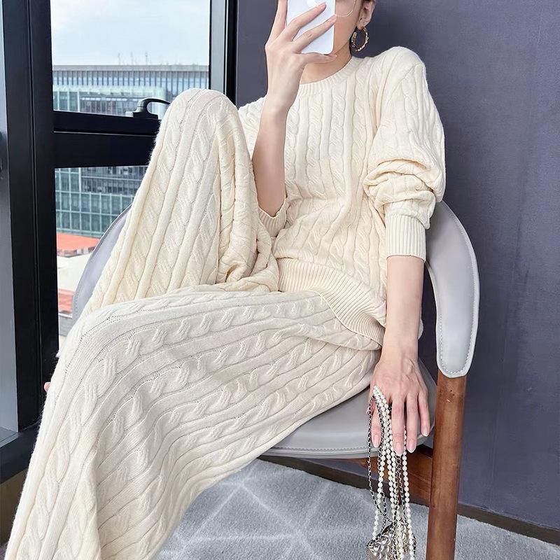 

Women's Two Piece Pants Women Kintted Sweater Set Spring Autumn O Neck Long Sleeve Pullover+ Wide Leg Suit 2 Pieces Tracksuit Female, Beige