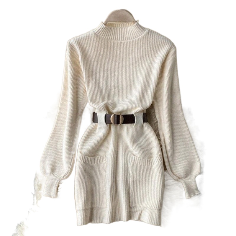 casual Dresses Korean Style Fashion High Neck Sweater Dress Women Lantern Sleeve Designer Brand Knitted Pockets Short Vestido w7A7#-image-790085978