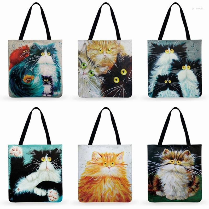 

Evening Bags Fresh Cartoon Cat Printed Tote Bag For Women Linen Faric Ladies Shoulder Outdoor Casual Foldable Shopping BagEvening