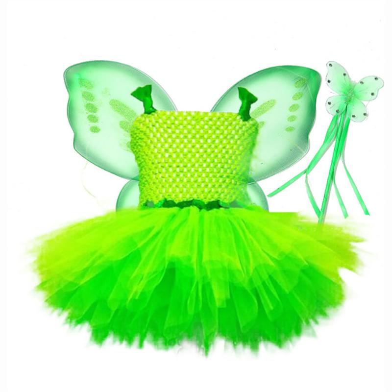 

Girl's Dresses Kids Girls Green Fairy Costume Sleeveless Mesh Princess Fancy Dress With Glittery Wings For Halloween Up Cosplay PartyGirl's